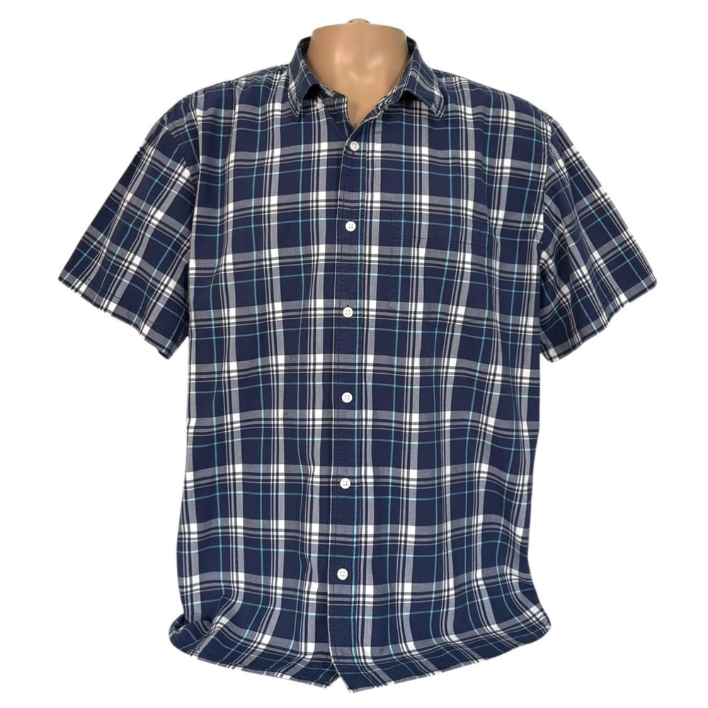 Old Navy Mens XXL Classic Shirt Blue White Plaid Button Up Slim Fit Short Sleeve